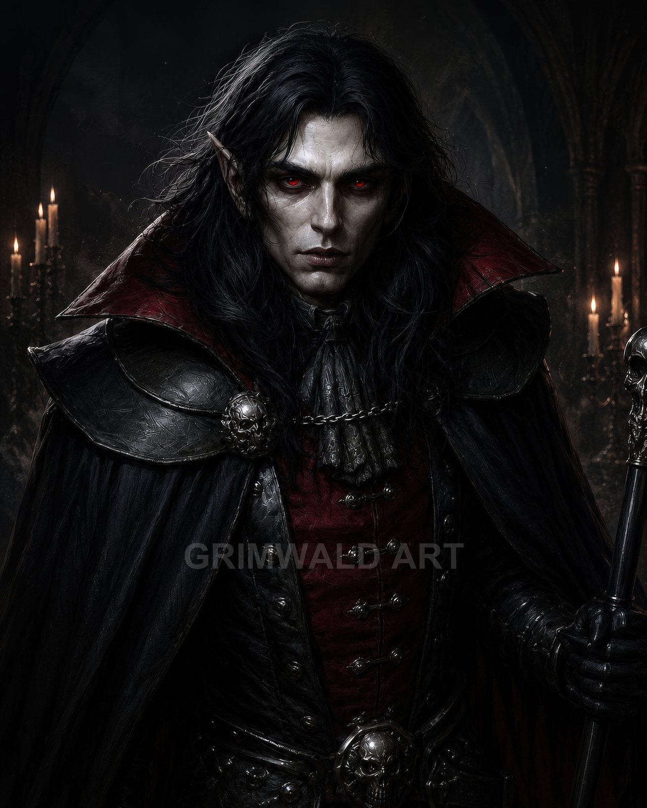 Red-eyed vampire in black armour and red cloak holds a staff amid candlelit gothic arches, skull ornaments and pointed ears prominent.