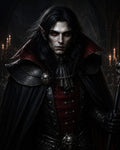 GRID THUMBNAIL — Red-eyed vampire in black armour and red cloak holds a staff amid candlelit gothic arches, skull ornaments and pointed ears prominent.