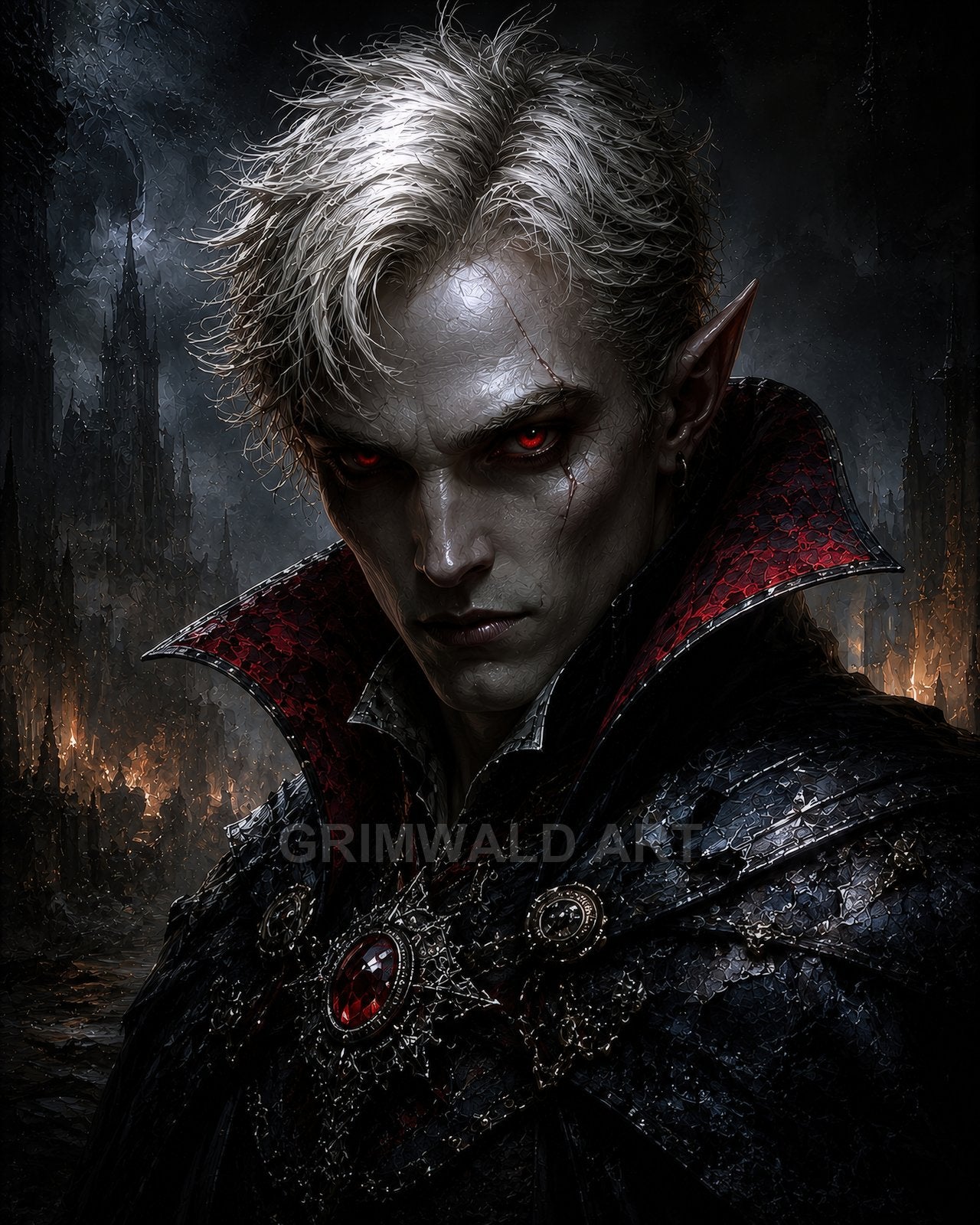 Close-up portrait of a pale, red-eyed vampire noble wearing ornate black armour and high crimson collar, with gothic spires and fires at night.