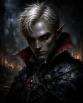 GRID THUMBNAIL — Close-up portrait of a pale, red-eyed vampire noble wearing ornate black armour and high crimson collar, with gothic spires and fires at night.