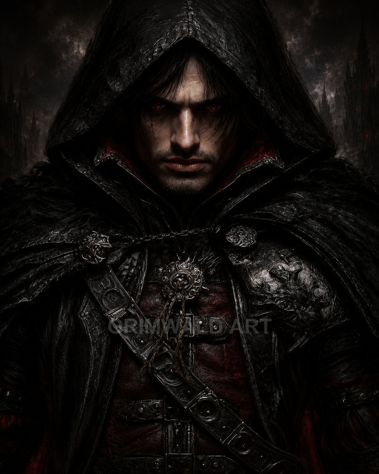 Brooding hooded male vampire with glowing red eyes in ornate black leather and metal armour, set before distant gothic castle spires at night.