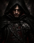 GRID THUMBNAIL — Brooding hooded male vampire with glowing red eyes in ornate black leather and metal armour, set before distant gothic castle spires at night.