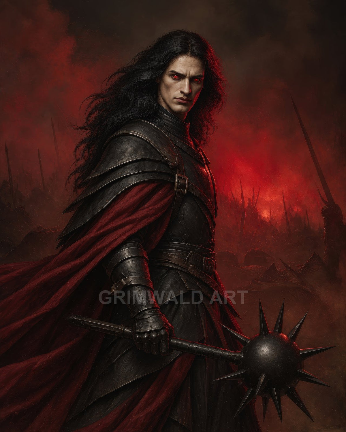 Armoured vampire warrior with glowing red eyes and crimson cloak, holding a spiked mace before a firelit, smoke-filled battlefield of spears.