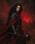 GRID THUMBNAIL — Armoured vampire warrior with glowing red eyes and crimson cloak, holding a spiked mace before a firelit, smoke-filled battlefield of spears.