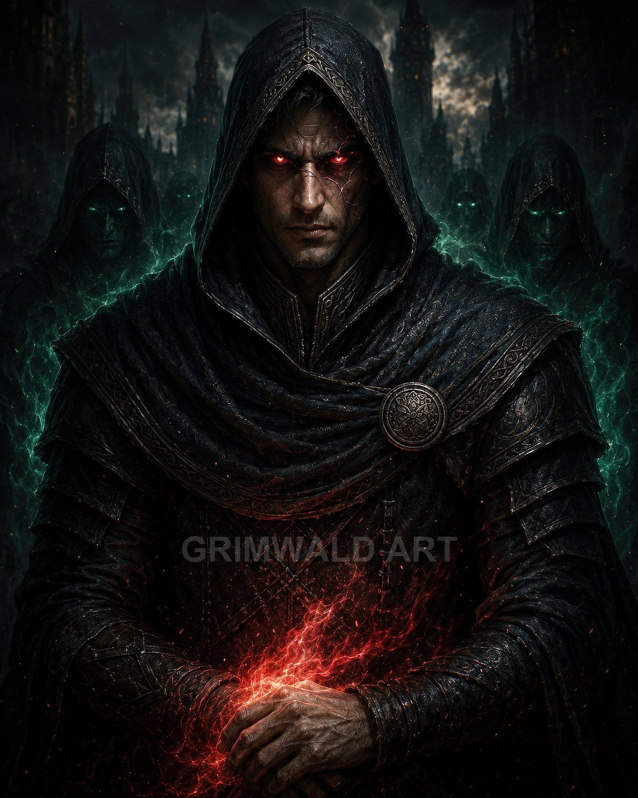 A hooded male warlock with glowing red eyes conjures crimson magic, flanked by robed acolytes, against a dark gothic city at night.
