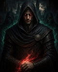 GRID THUMBNAIL — A hooded male warlock with glowing red eyes conjures crimson magic, flanked by robed acolytes, against a dark gothic city at night.