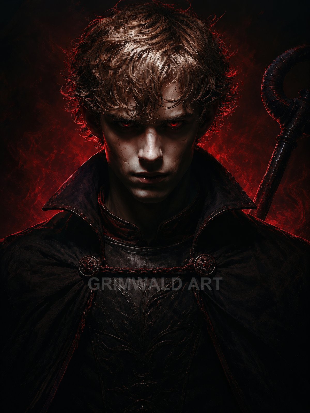 Moody portrait of a young male warlock with glowing red eyes, black cloak and staff, firelit by swirling crimson embers against darkness.