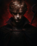 GRID THUMBNAIL — Moody portrait of a young male warlock with glowing red eyes, black cloak and staff, firelit by swirling crimson embers against darkness.
