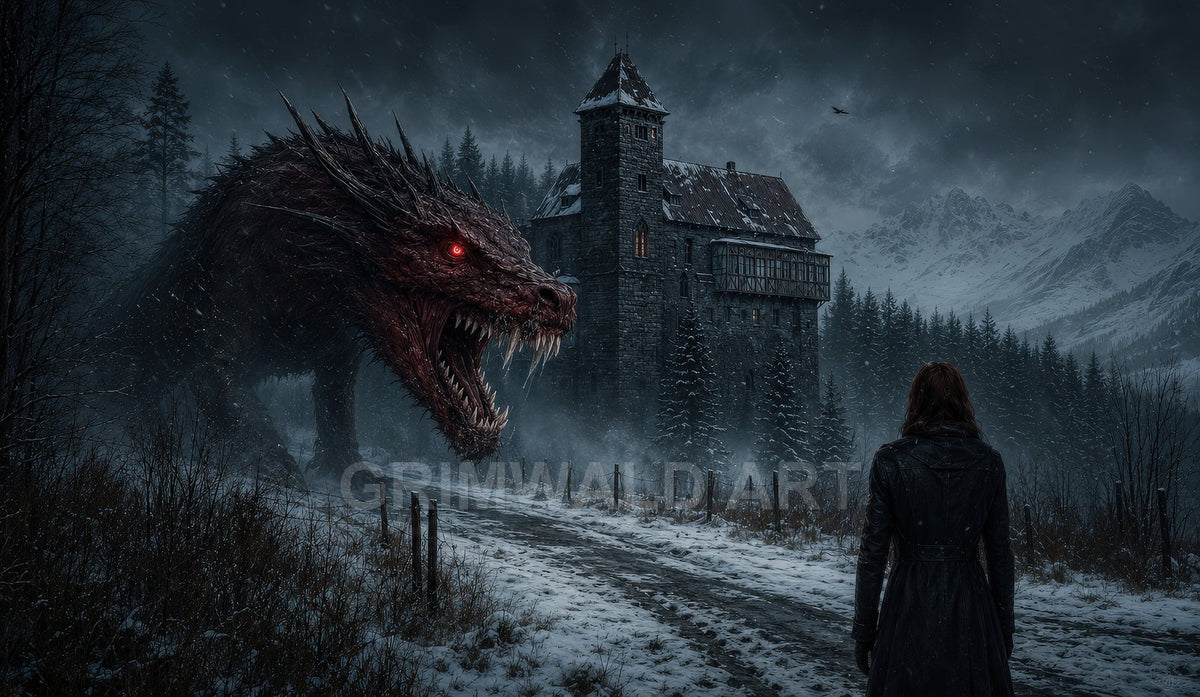 A colossal red-eyed dragon snarls beside a dark stone castle in a snowy mountain forest at night, confronting a lone figure on the road.