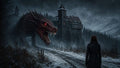 GRID THUMBNAIL — A colossal red-eyed dragon snarls beside a dark stone castle in a snowy mountain forest at night, confronting a lone figure on the road.