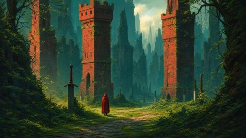 GRID THUMBNAIL — Overgrown forest ruins with twin red-brick towers, mossy cobblestones, and swords planted along a sunlit path, watched by a small red-cloaked figure.