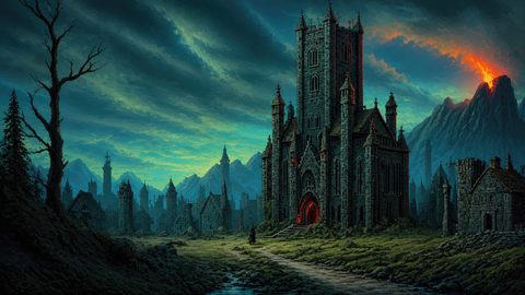 GRID THUMBNAIL — Gothic stone castle with red-lit doorway dominating a moody village at twilight, mountains and an erupting volcano under streaked teal clouds.