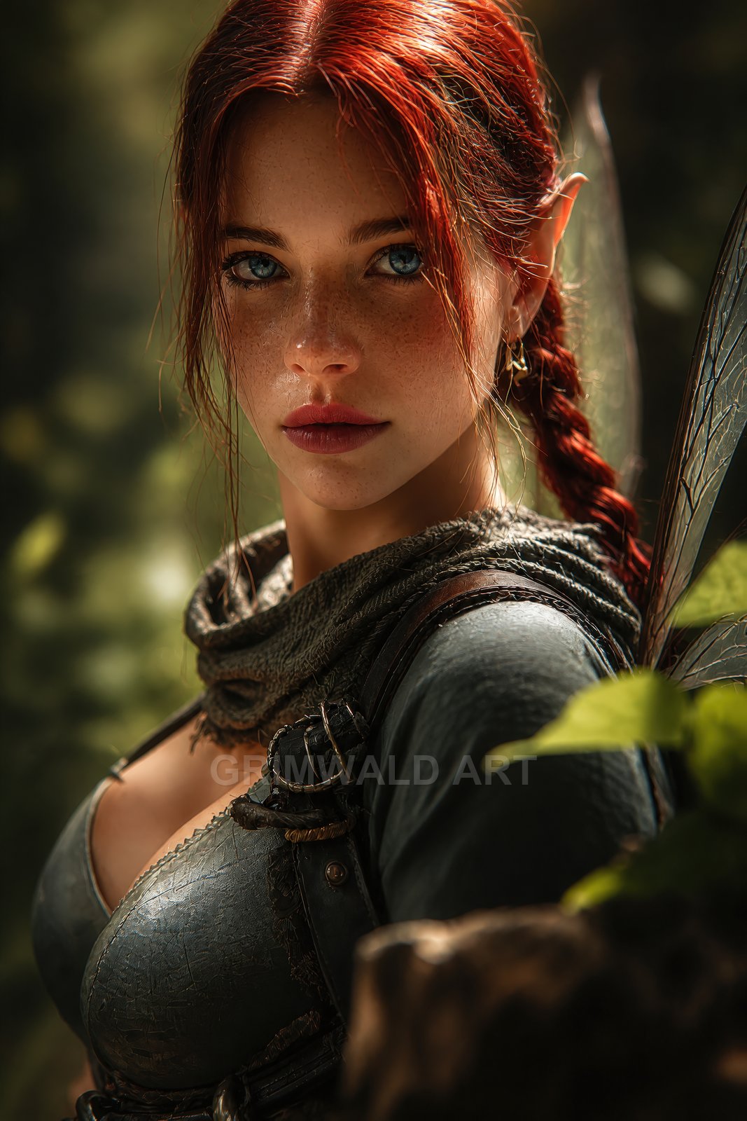 Close-up portrait of a red-haired female fae with pointed ear and translucent wings, wearing leather armour in a sunlit forest with warm bokeh.