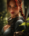 GRID THUMBNAIL — Close-up portrait of a red-haired female fae with pointed ear and translucent wings, wearing leather armour in a sunlit forest with warm bokeh.