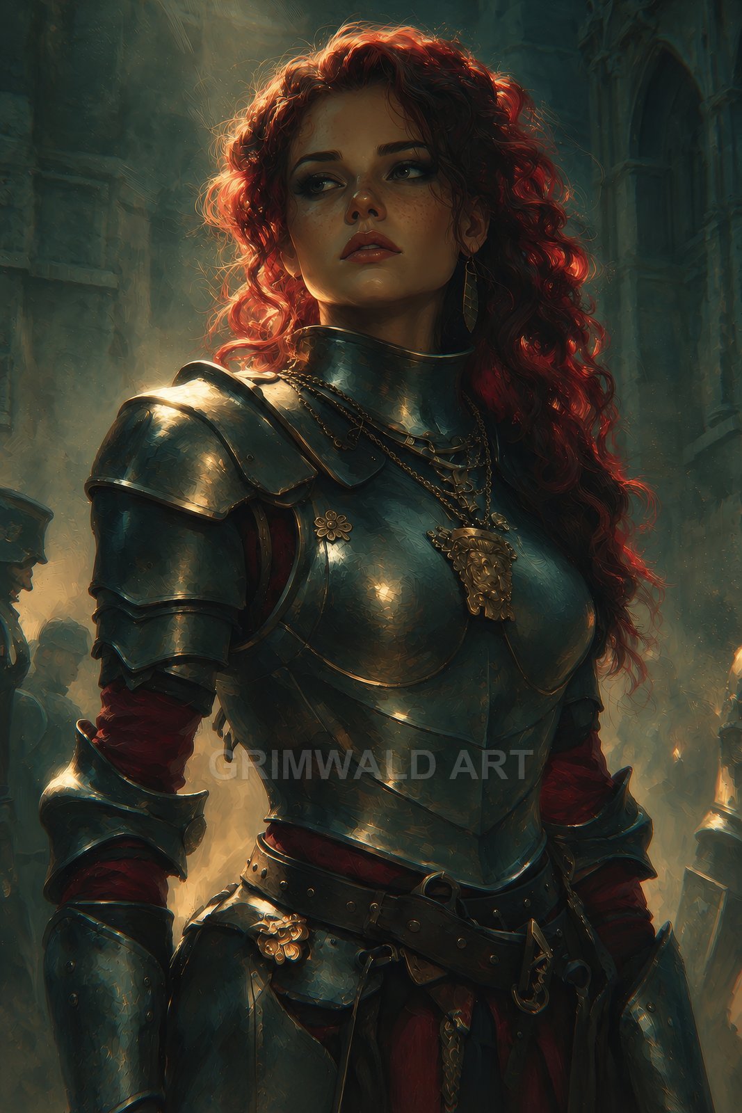 A red-haired female knight in polished plate armour stands in a smoky medieval city scene, warm light gilding metal, soldiers and gothic arches behind.