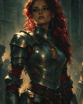 GRID THUMBNAIL — A red-haired female knight in polished plate armour stands in a smoky medieval city scene, warm light gilding metal, soldiers and gothic arches behind.