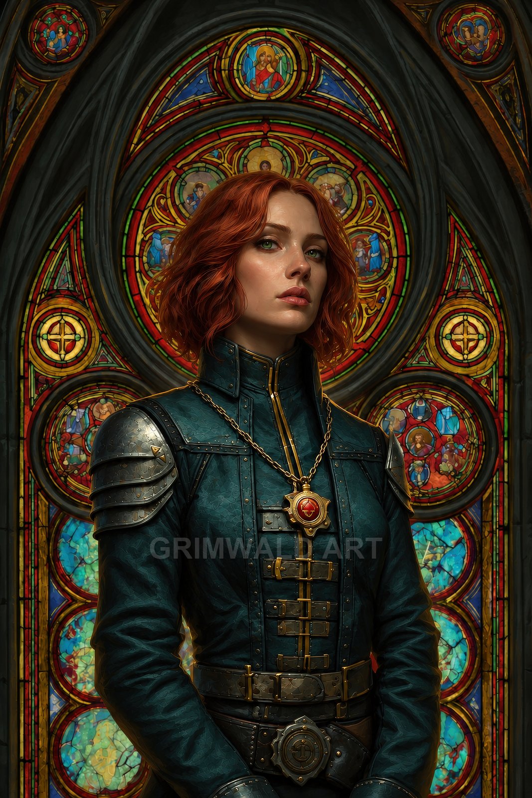 Red-haired female paladin in teal armour stands before ornate cathedral stained glass, wearing a gold chain and ruby medallion.