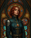 GRID THUMBNAIL — Red-haired female paladin in teal armour stands before ornate cathedral stained glass, wearing a gold chain and ruby medallion.