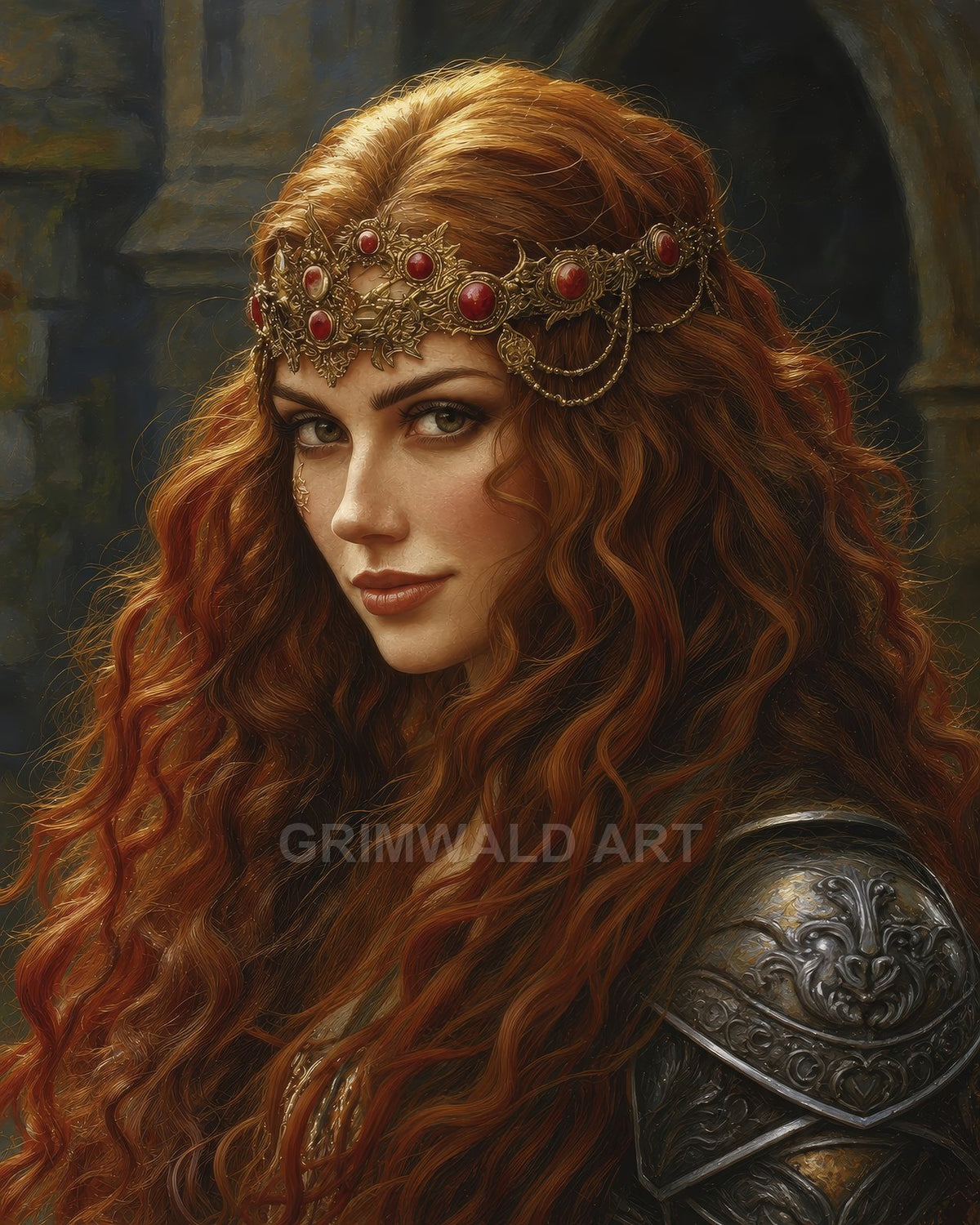 Portrait of a red-haired woman in ornate steel armour and a gold ruby circlet, set against dim castle stone arches with warm light.