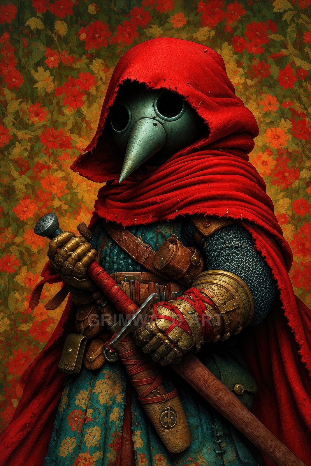 A plague doctor in a red hood and cloak grips a sheathed sword and dagger, wearing gilded gauntlets and chainmail before a floral patterned backdrop.