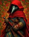 GRID THUMBNAIL — A plague doctor in a red hood and cloak grips a sheathed sword and dagger, wearing gilded gauntlets and chainmail before a floral patterned backdrop.