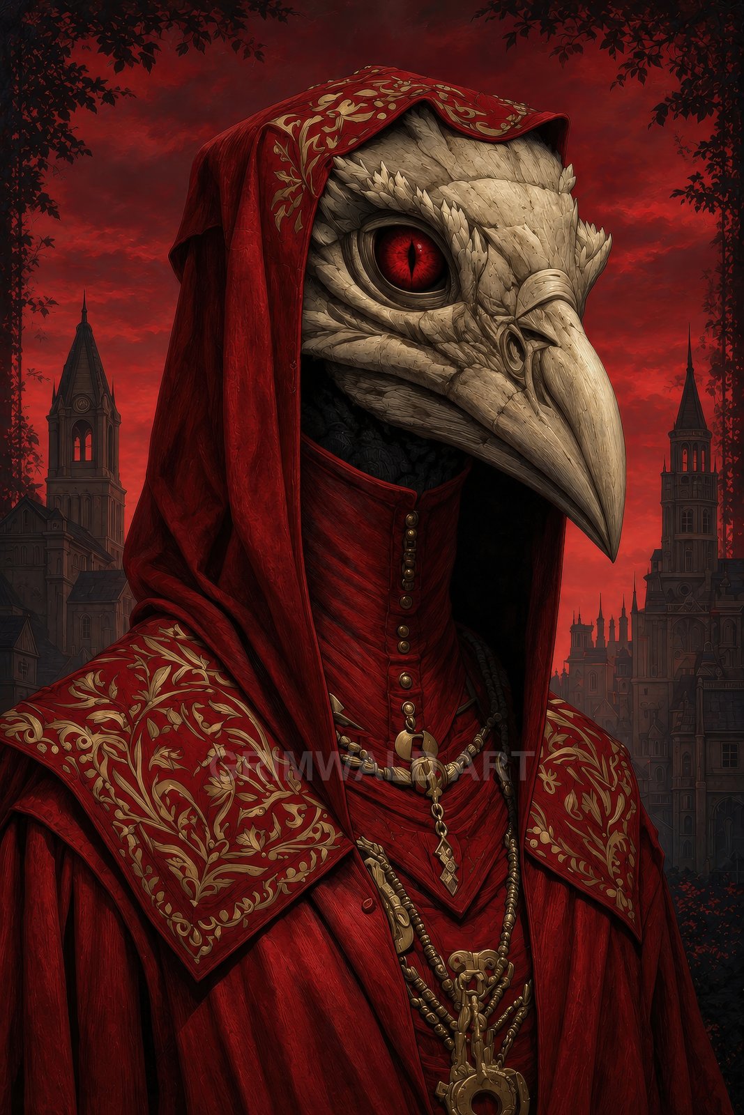 A robed plague doctor in ornate red vestments and beaked mask with a glowing red eye, framed by gothic spires beneath a crimson sunset.