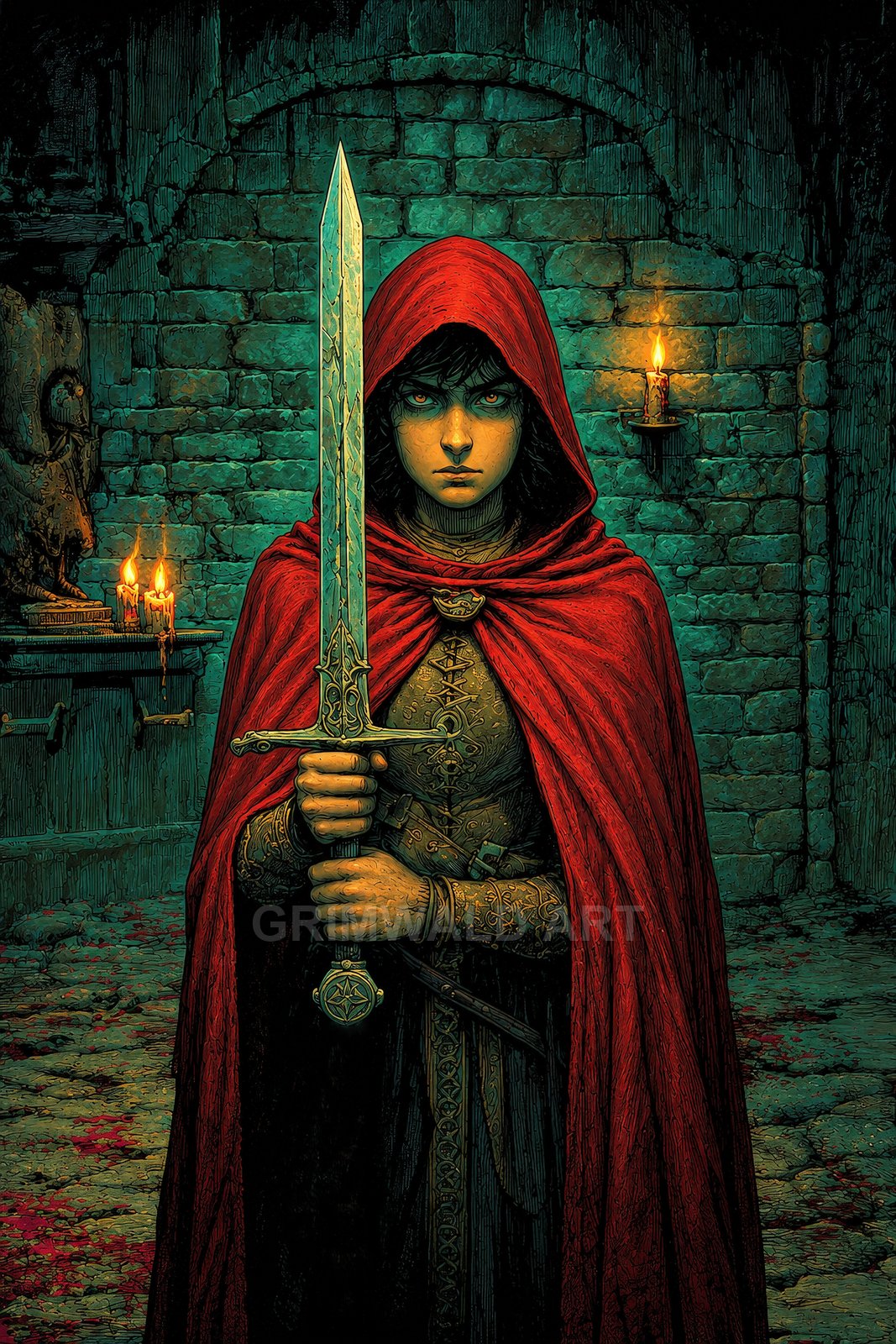 Hooded figure in a red cloak grips an ornate longsword before a stone wall in a candlelit dungeon, teal shadows and bloodstains surrounding.