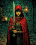 GRID THUMBNAIL — Hooded figure in a red cloak grips an ornate longsword before a stone wall in a candlelit dungeon, teal shadows and bloodstains surrounding.