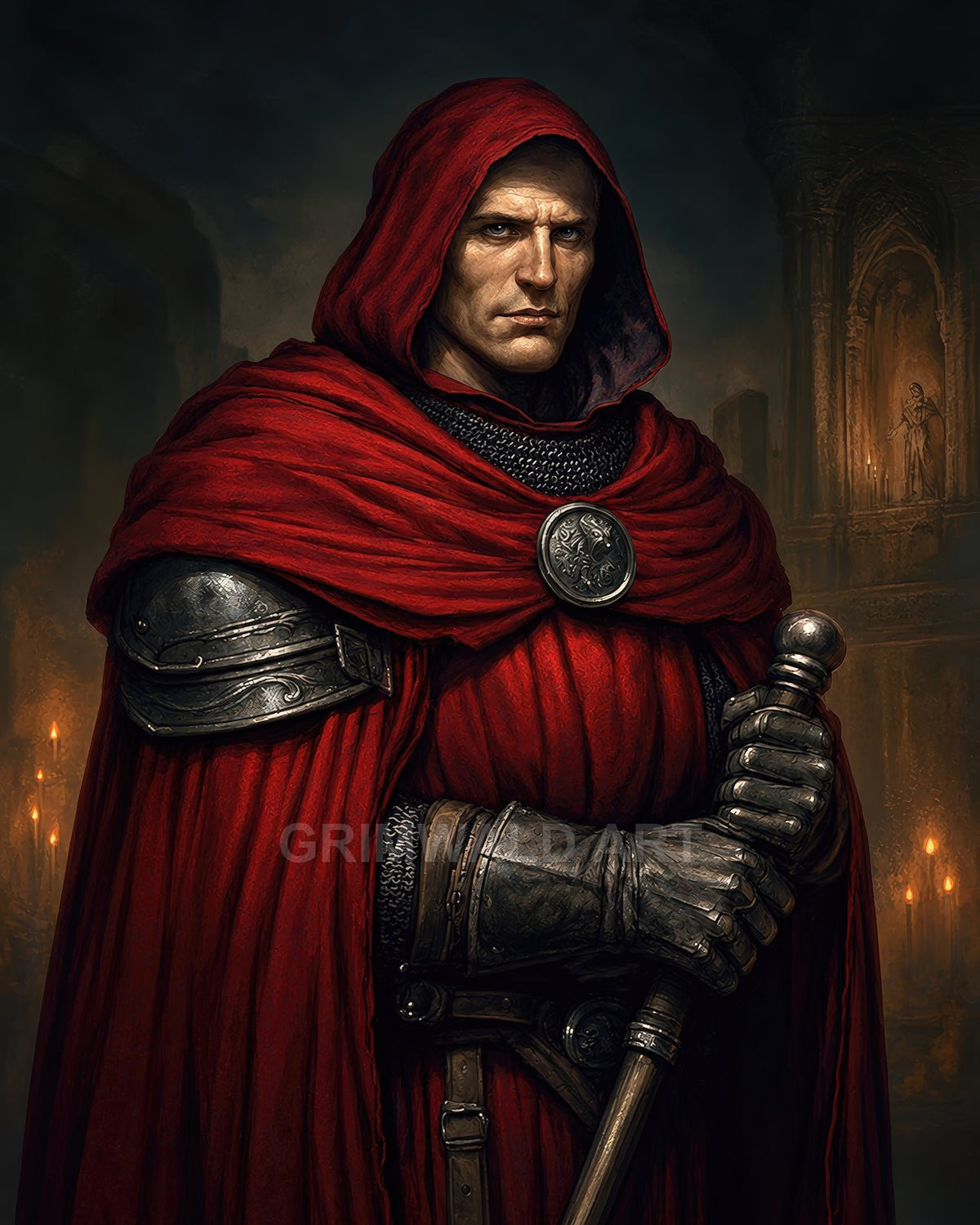 A stern, hooded knight in a red cloak and armour grips a sword, standing before candlelit gothic arches inside a dim cathedral.