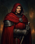 GRID THUMBNAIL — A stern, hooded knight in a red cloak and armour grips a sword, standing before candlelit gothic arches inside a dim cathedral.