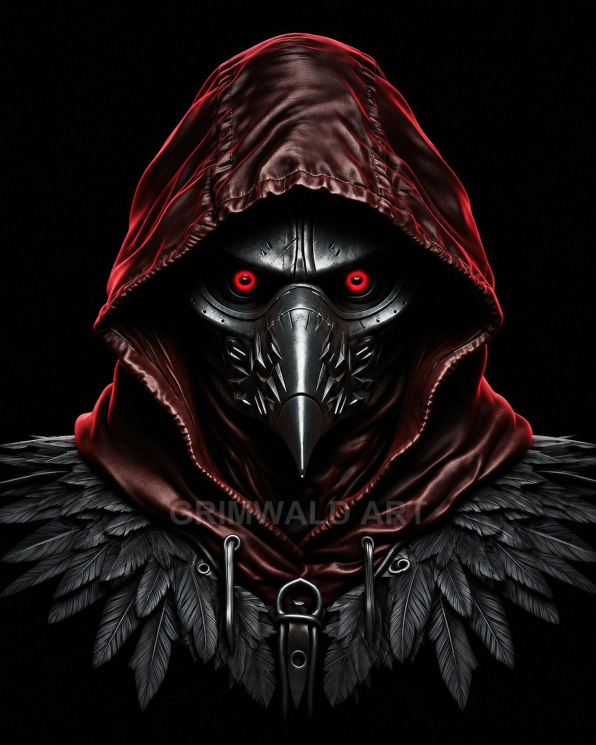 A hooded plague doctor in a metallic beaked mask with glowing red eyes and a raven-feathered mantle, against a black background.