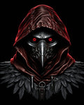 GRID THUMBNAIL — A hooded plague doctor in a metallic beaked mask with glowing red eyes and a raven-feathered mantle, against a black background.