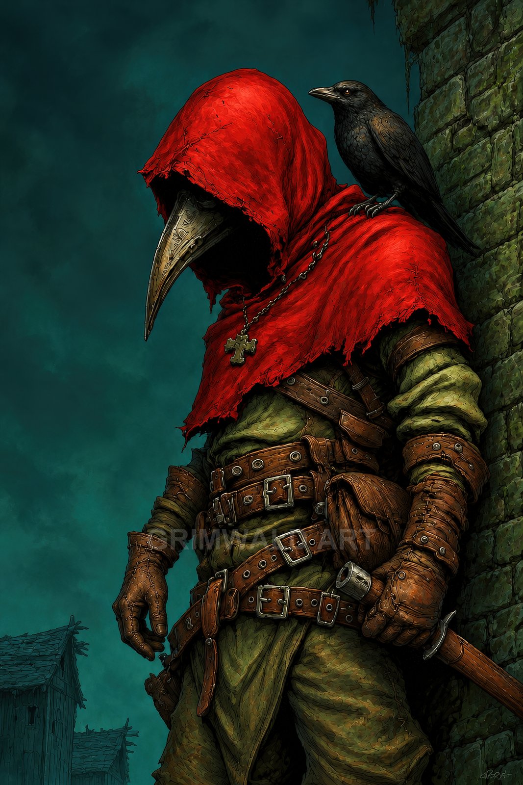 Red-hooded plague doctor with beaked mask and leather straps stands by a mossy stone wall, sword at hip, a black raven perched on shoulder.