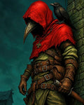 GRID THUMBNAIL — Red-hooded plague doctor with beaked mask and leather straps stands by a mossy stone wall, sword at hip, a black raven perched on shoulder.