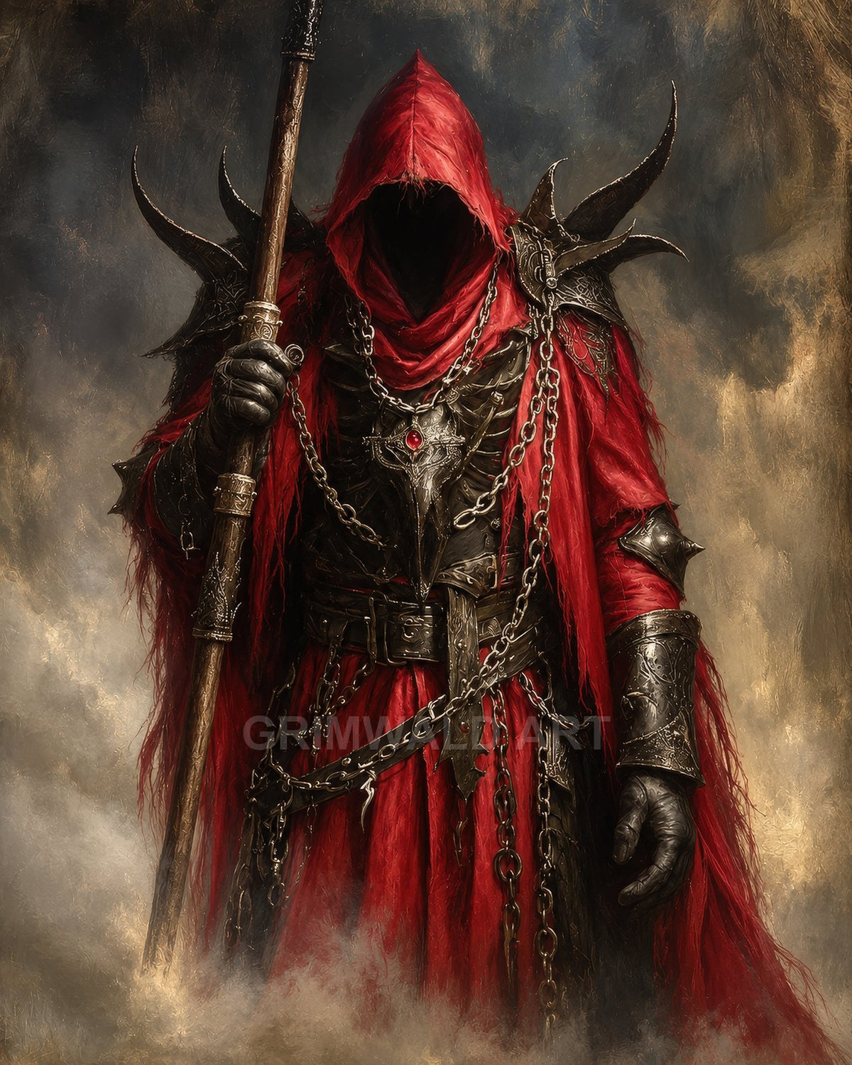 Hooded warlock in crimson robes and spiked dark armour holding a staff, draped in chains, stands in swirling mist against a moody, textured backdrop.