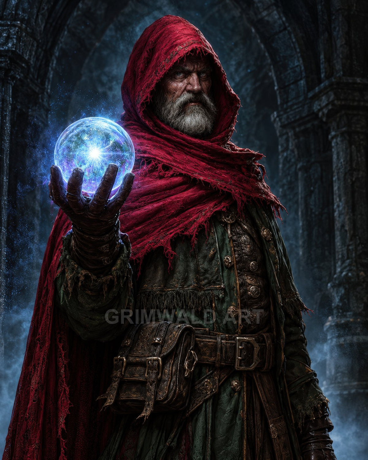 Bearded wizard in a red hooded cloak holds a glowing blue orb amid ancient stone ruins, layered leather gear and misty, nocturnal atmosphere.
