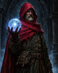 GRID THUMBNAIL — Bearded wizard in a red hooded cloak holds a glowing blue orb amid ancient stone ruins, layered leather gear and misty, nocturnal atmosphere.