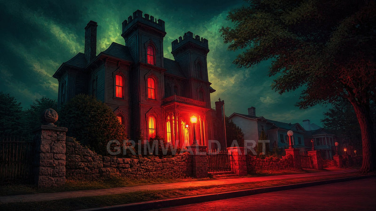 Gothic Victorian mansion at night with red-lit windows and lamplight, stone wall and iron gate beside a quiet tree-lined street under teal clouds.