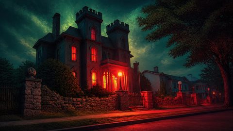 GRID THUMBNAIL — Gothic Victorian mansion at night with red-lit windows and lamplight, stone wall and iron gate beside a quiet tree-lined street under teal clouds.