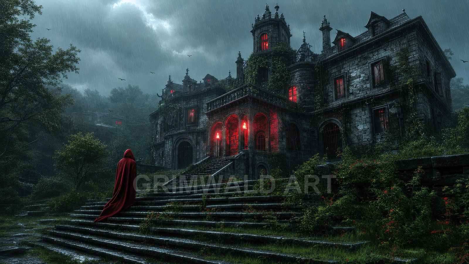 Gothic stone manor in heavy rain with glowing red windows and lanterns, overgrown ivy, forested hillside, and a lone hooded figure ascending wet steps.