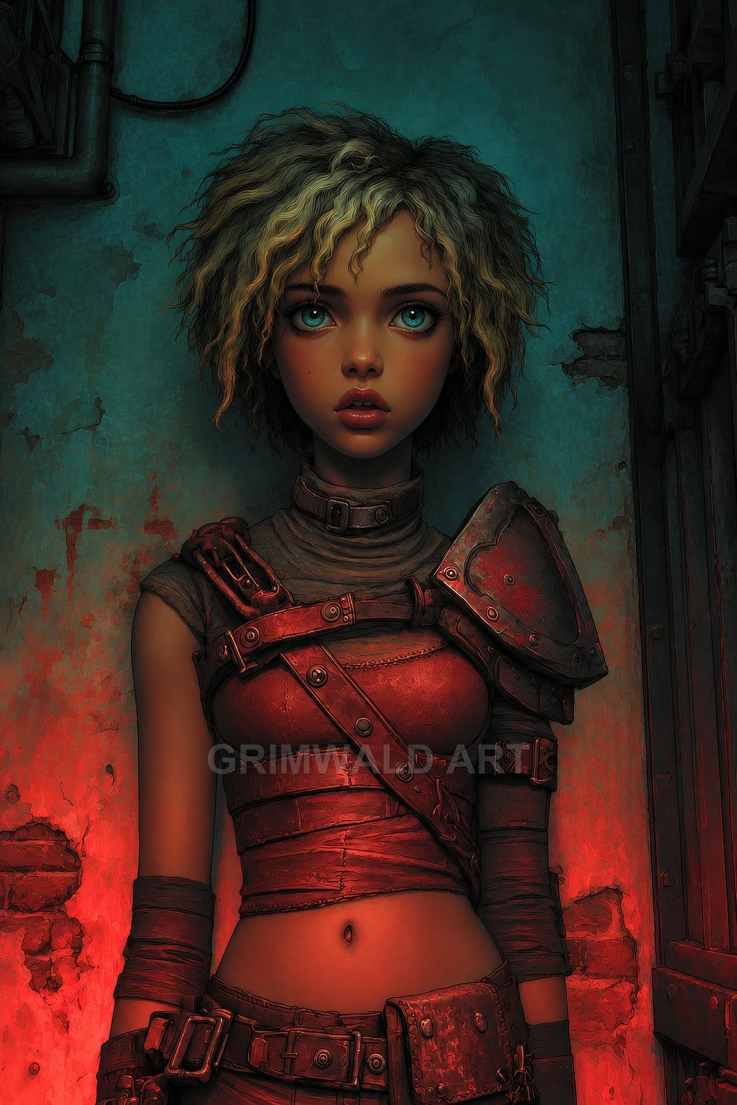 Young female warrior with teal eyes and tousled hair wearing red leather armour stands in a dim industrial corridor with teal and red lighting.