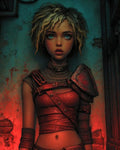 GRID THUMBNAIL — Young female warrior with teal eyes and tousled hair wearing red leather armour stands in a dim industrial corridor with teal and red lighting.