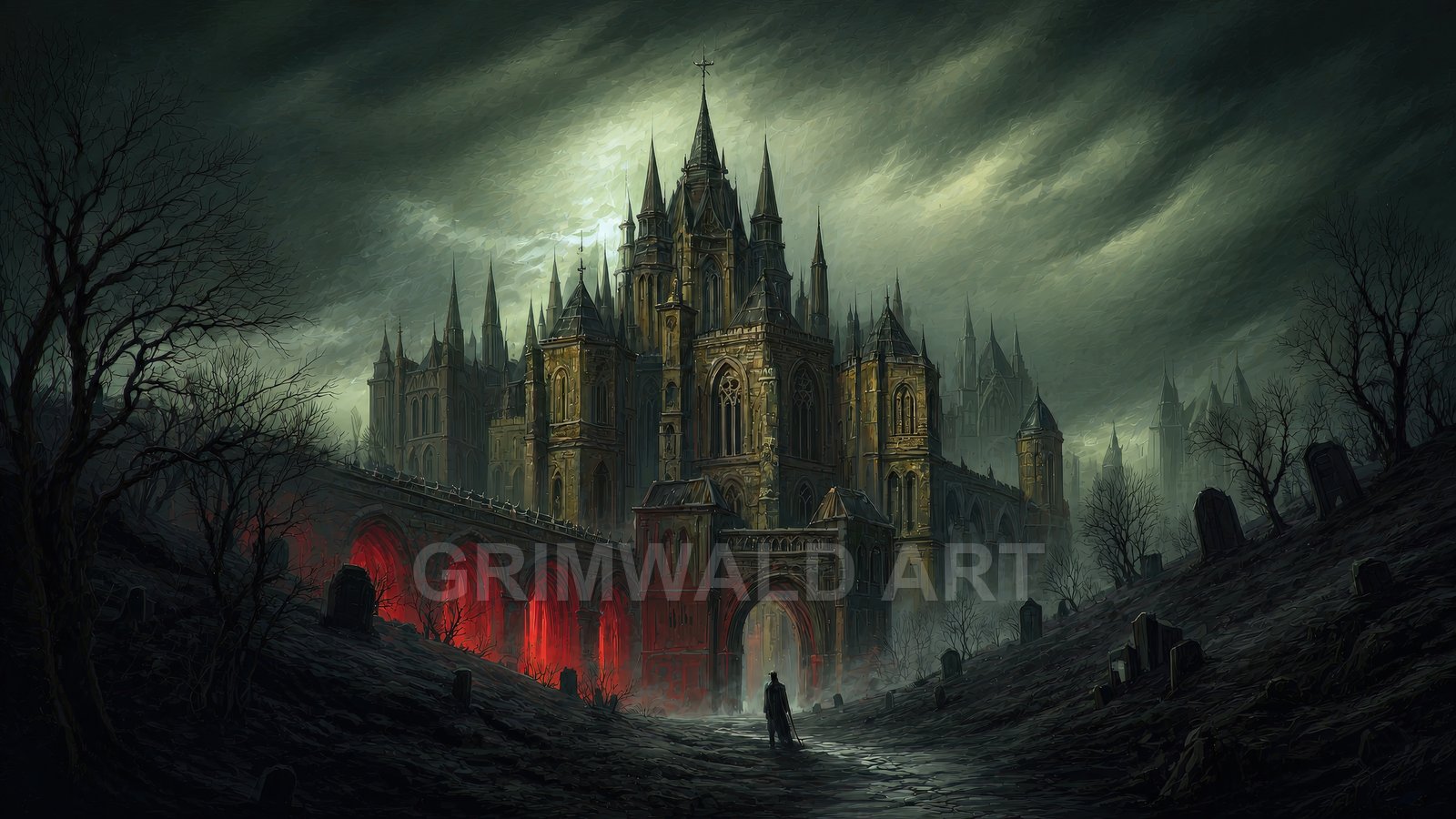 Dark gothic cathedral towers beyond a foggy graveyard under stormlit skies, red light glowing beneath arched bridge as a lone cloaked figure approaches.