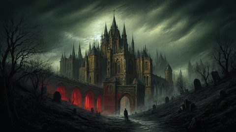 GRID THUMBNAIL — Dark gothic cathedral towers beyond a foggy graveyard under stormlit skies, red light glowing beneath arched bridge as a lone cloaked figure approaches.