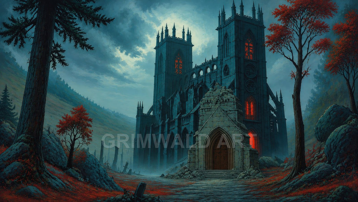 Moody fantasy scene of a towering gothic cathedral with red-lit windows, set in a misty valley amid dark rocks and red-leaved trees under brooding clouds.