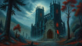 GRID THUMBNAIL — Moody fantasy scene of a towering gothic cathedral with red-lit windows, set in a misty valley amid dark rocks and red-leaved trees under brooding clouds.