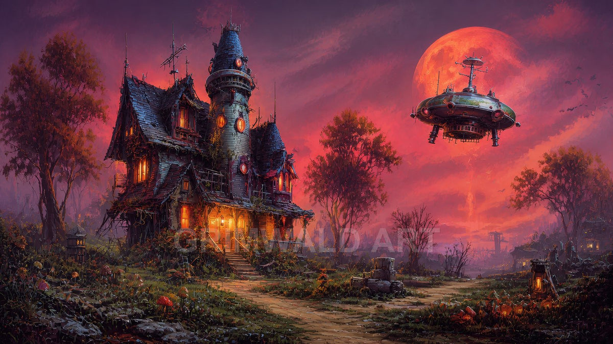 Crooked, lantern-lit house with a turret beside a winding path under a huge red moon, as a riveted airship hovers above a misty village.