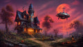 GRID THUMBNAIL — Crooked, lantern-lit house with a turret beside a winding path under a huge red moon, as a riveted airship hovers above a misty village.