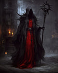 GRID THUMBNAIL — A hooded necromancer in a tattered black cloak and red robe holds a skull-topped staff among candles inside a shadowy gothic cathedral.