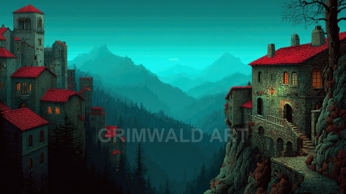 Medieval stone buildings with red roofs cling to a rocky cliff above pine forests and misty blue mountains under a tranquil twilight sky.